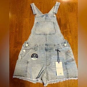 Wallflower Denim Short Overalls with Frayed Hem